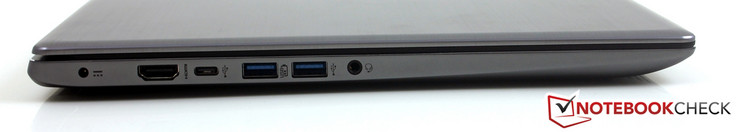 Linkerkant: Stroomaansluiting, HDMI, USB 3.1 Gen1 Typ-C, Audio in/uit