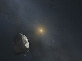 Een illustratie waarop een asteroïde en een ster te zien zijn.