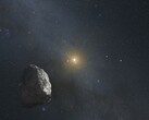 Een illustratie waarop een asteroïde en een ster te zien zijn.