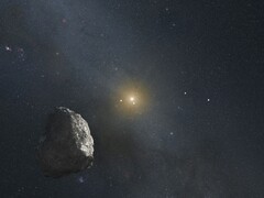 Een illustratie waarop een asteroïde en een ster te zien zijn.