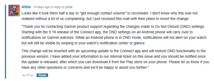 Een screenshot van een poort in het Garmin Forum met een bericht van Garmin. (Afbeelding bron: Garmin Forum)
