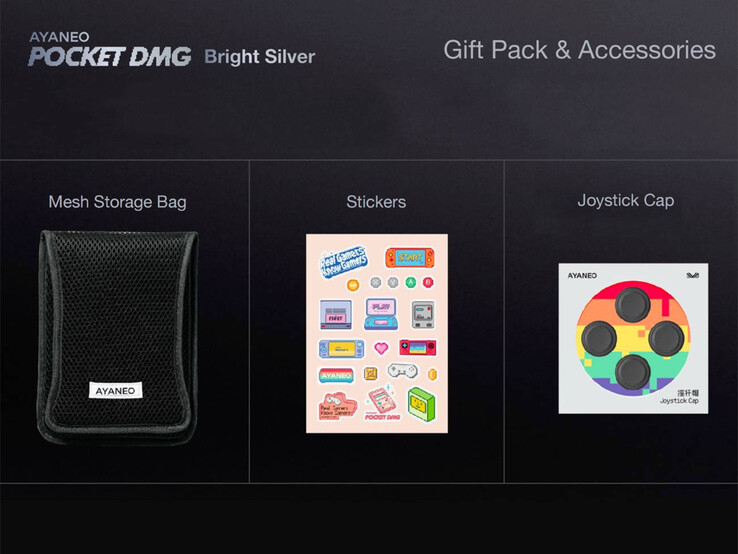 Ayaneo levert meerdere gratis cadeaus bij de Pocket DMG Bright Silver editie. (Afbeeldingsbron: Ayaneo)