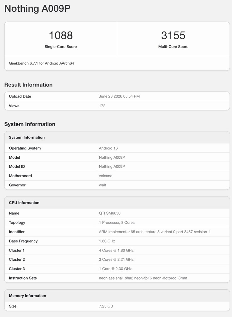 Geekbench-vermelding van de verwachte Nothing Phone (4b).