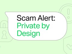 Groene WhatsApp-spraakballon met de tekst „Waarschuwing voor oplichting: Private by Design“