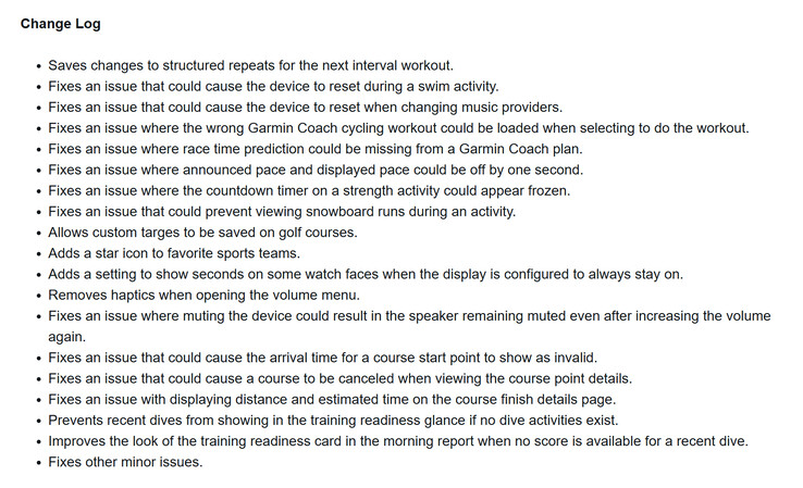 Het wijzigingslogboek voor de bètaversie 16.14 update voor de Garmin Forerunner 570 en Forerunner 970 smartwatches. (Afbeeldingsbron: screenshot van Garmin forum)
