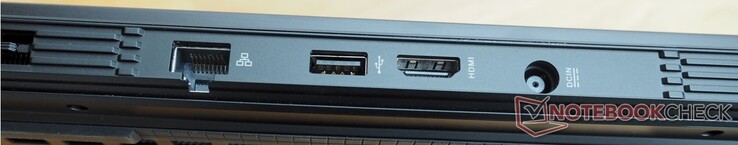 Aan de achterkant: RJ45 Ethernet, 1x USB-A 3.2 Gen 1, HDMI 2.0, voedingspoort