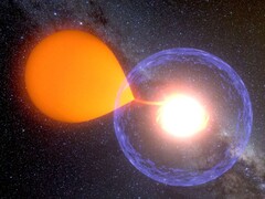 Een artistieke impressie van een nova die materie van zijn gastheerster opzuigt. (Afbeeldingsbron: K. Ulaczyk, Universitaire Sterrenwacht Warschau)