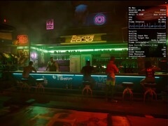Cyberpunk 2077 draait op macOS 26 Tahoe met MetalFX frame-interpolatie ingeschakeld op een MacBook Pro M1 Max. (Afbeeldingsbron: Blendlogic Tech op YouTube)