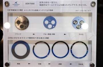 Het productieproces van de keramische lunette en wijzerplaat van de Casio Oceanus OCW-P3000, waarbij de inzet en de wijzerplaat in verschillende productiefasen worden getoond.