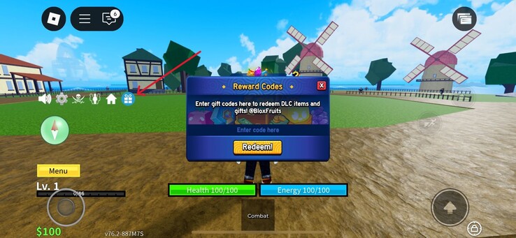 Klik op het cadeau-icoontje zoals in de afbeelding hier (Afbeelding Bron: Roblox)