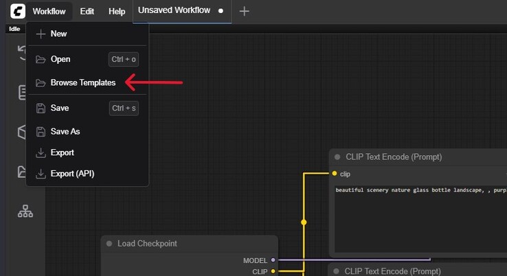 Een screenshot van het Workflow-menu in ComfyUI met Bladeren in sjablonen gemarkeerd. (Afbeelding Bron: Windows Screen Capture)