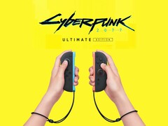 Cyberpunk 2077: Ultimate Edition-logo boven Switch 2 Joy-Cons (Afbeeldingsbron: Nintendo of America met bewerkingen)
