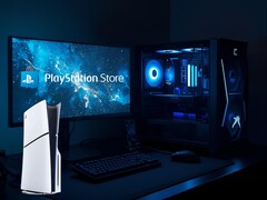 PS5 afgebeeld naast gaming-pc en monitor met PlayStation Store-logo (bron: Sony PlayStation met bewerkingen)