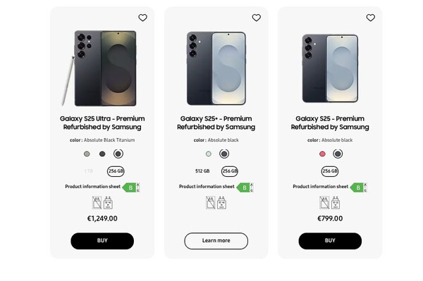 Galaxy Kleuren en configuraties van de S25-serie die beschikbaar zijn onder het Certified Re-Newed programma in Frankrijk. (Afbeeldingsbron: Samsung)