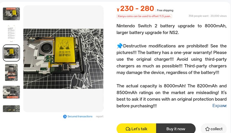 De Xianyu-advertentie voor een batterij met een vergrote capaciteit van 8.000 mAh voor de Nintendo Switch 2
