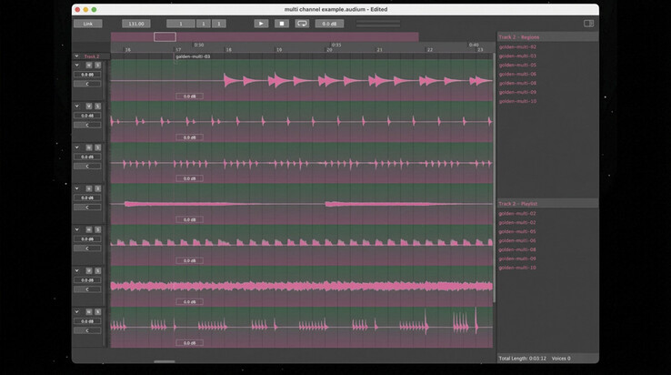 Audionaut ondersteunt multitrack-audiobewerking, waarbij hier meerdere audioregio's worden weergegeven in de tijdlijn van de applicatie.