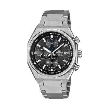 Casio Edifice EFSS660D-1A chronograaf met een roestvrijstalen kast en armband, zwarte wijzerplaat met structuur, blauwe centrale secondewijzer, drie subwijzerplaten en een tachymeterschaal.