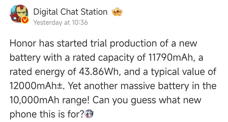 Volgens de klokkenluider Digital Chat Station zou er binnenkort een Honor-telefoon met een batterijcapaciteit van 12.000 mAh op de markt kunnen komen