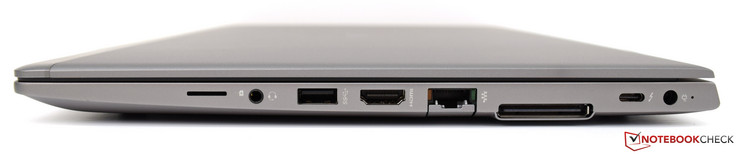 Right-hand side: micro-SIM slot, combined headphone and microphone 3.5 mm jack, USB 3.1 Type-A Gen 1, HDMI v1.4b, RJ45 Ethernet port, Docking port, USB Type-C Thunderbolt port, power connector