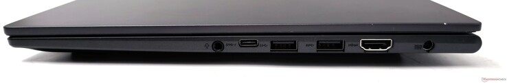 Rechts: 3,5 mm combo audio-aansluiting, USB 3.2 Gen1 Type-C met PD, 2x USB 3.2 Gen1 Type-A, HDMI 1.4-uit, DC-in