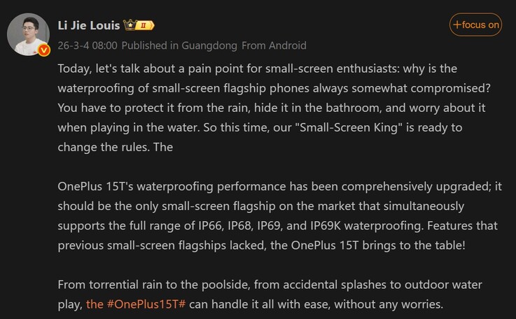 Louis vertelt over de waterdichtheid van de OnePlus 15T (machine vertaald)
