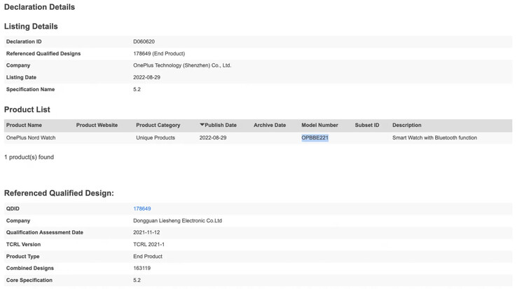 De nieuwe registratie van de OnePlus Nord Watch. (Bron: Bluetooth SIG)
