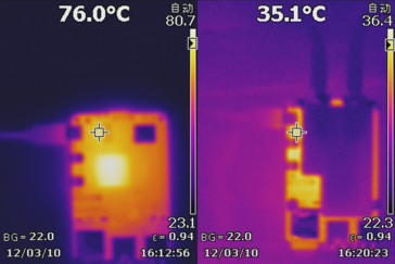PCB-temperatuur met en zonder de vloeistofkoeler (Afbeelding bron: Seeed Studio)