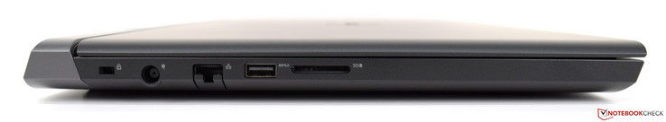 Linkerkant: Noble Lock, stroomvoorziening, Gigabit Ethernet, USB 3.1, SD kaartlezer