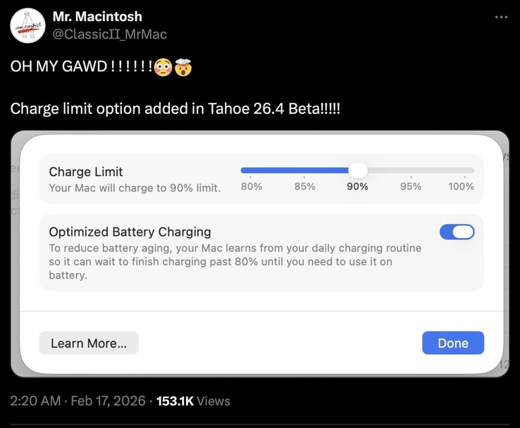 macOS 26.4 Tahoe lijkt ondersteuning voor laadlimieten te hebben toegevoegd.
