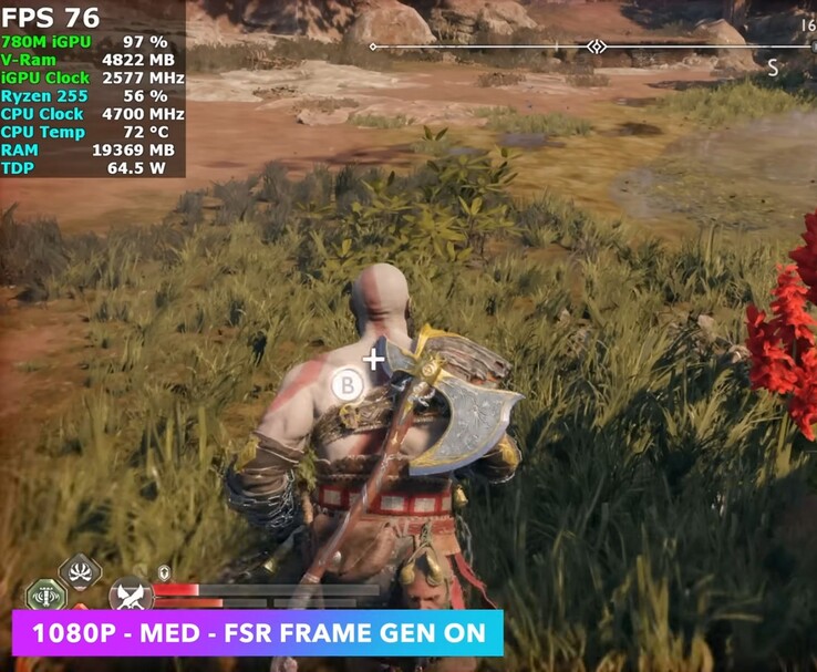 God of War Ragnarök uitgevoerd op 1080p medium met FSR Frame Generation op het Minisforum X1 Lite met Radeon 780M iGPU (Afbeeldingsbron: ETA Prime via YouTube)