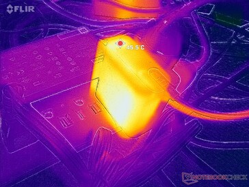 De netadapter bereikt een temperatuur van meer dan 46 °C bij zware belasting