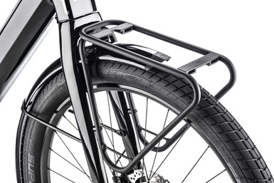 Er kan een optionele bagagedrager aan de voorkant op de fiets worden gemonteerd