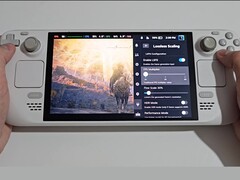 Een vooraanzicht van het Steam Deck met Elden Ring aan de linkerkant van het scherm en de Lossless Scaling plug-in instellingen zichtbaar aan de rechterkant, inclusief FPS Multiplier, Flow Scale en Performance Mode toggles. (Afbeeldingsbron: Deck Wizard/YouTube)