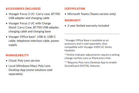 Poly Voyager Focus 2 - Specificaties - vervolg (Bron: Poly)