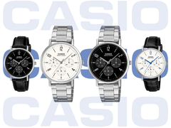 Van links naar rechts afgebeeld: Casio MTP-VT06L-1B, MTP-VT06D-7B, MTP-VT06D-1B en MTP-VT06L-7B.
