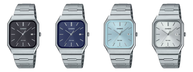 Van links naar rechts: de Casio MTP-B185D-1AV, MTP-B185D-2A1V, MTP-B185D-2A2V en MTP-B185D-7AV horloges
