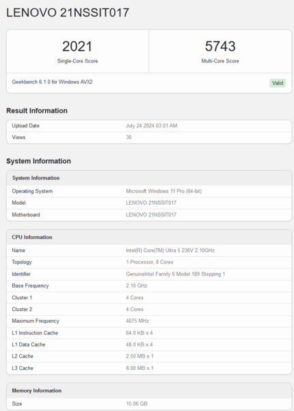 Intel Core Ultra 5 236V Geekbench score (bron: Geekbench)