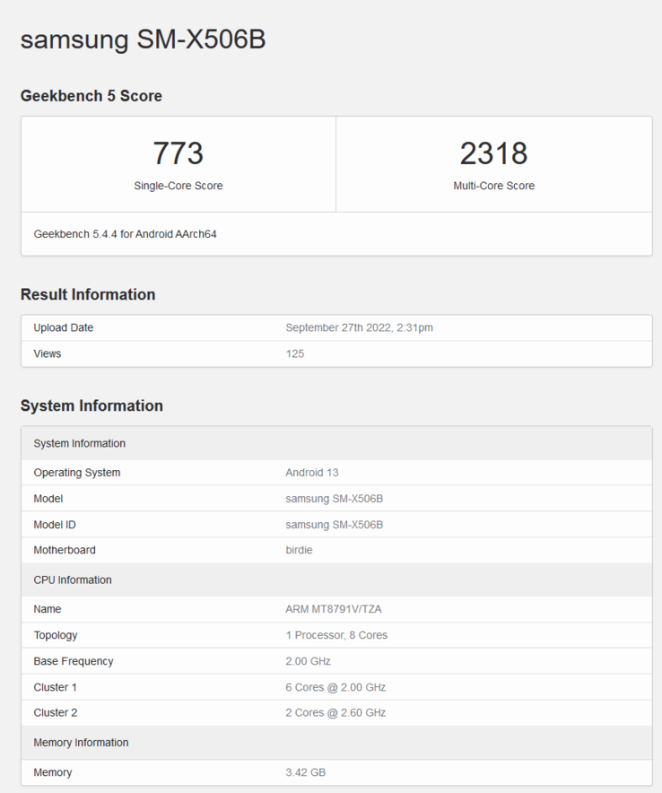 Galaxy Tab S8 FE op Geekbench (afbeelding via Geekbench)