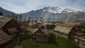 Een afbeelding waarop huizen in het Land van de Vikingen te zien zijn.