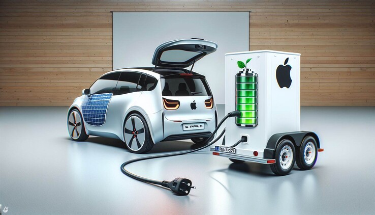 Een AI-render van een Apple Auto met batterijsysteem buiten het voertuig. (Afbeelding: Dall-E 3)