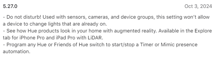 Het wijzigingslogboek voor Philips Hue app versie 5.27.0. (Afbeeldingsbron: Philips Hue)