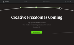 Fans van het Serif Affinity softwarepakket maken zich zorgen over een AI-zware lancering en een abonnementsmodel dankzij deze nieuwe landingspagina. (Afbeeldingsbron: Affinity)