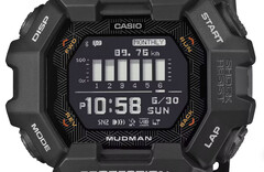 Casio G-Shock Mudman GDG-B100-horloge met rood en wit digitaal display tegen een ruig berglandschap.