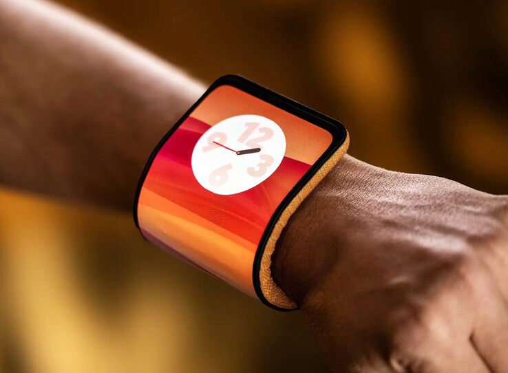 Het Motorola Adaptive Display kan dankzij het buigbare ontwerp ook als wearable gebruikt worden. (Afbeeldingsbron: Lenovo)