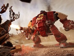 Een Blood Raven Space Marine Dreadnought vuurt zijn wapen af op Ork-eenheden in de in-engine trailer van Warhammer 40,000: Dawn of War IV. (Afbeeldingsbron: Warhammer via YouTube)