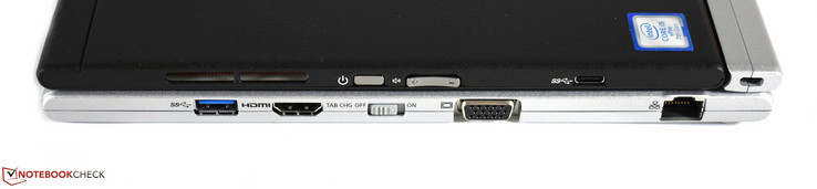 Rechterkant: USB Type-A 3.0, HDMI, batterijvergrendeling, VGA, USB Type-C 3.1 Gen. 1 (op het tablet), Ethernet, Kensington Lock