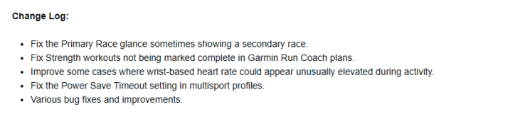 Het wijzigingslogboek voor publieke bètaversie 25.02 voor oudere Garmin Forerunner smartwatches. (Afbeelding bron: Garmin)