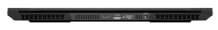 Achterkant: Thunderbolt 4 (USB-C; Power Delivery 1.4, G-Sync), HDMI 2.1, Gigabit Ethernet (2,5 gigabits), voeding