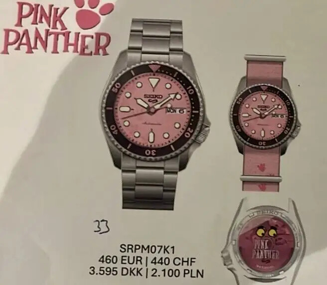 De uitgelekte afbeelding van het Seiko Pink Panther SRPM07K1 horloge. (Afbeeldingsbron: WatchUSeek)