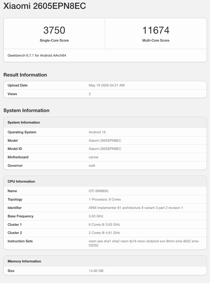 Geekbench-notering van de vermeende Xiaomi 17 Max.